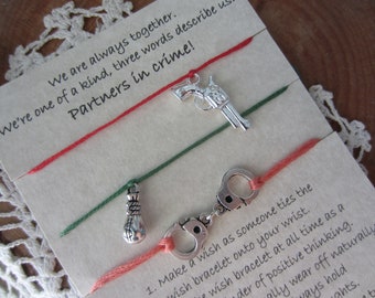Partners in crime, wish bracelets, three wish bracelets, set of wish bracelets