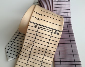 Library Card necktie. Check out card / Date Due Slip tie. Silkscreened men's tie. Perfect librarian, writer, author, bookish gift.