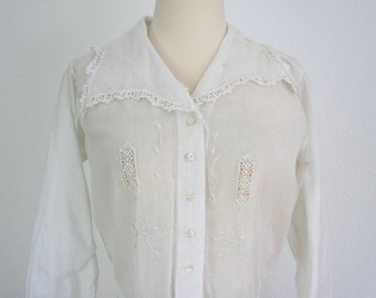 Vintage Edwardian White Cotton Embroidered Blouse