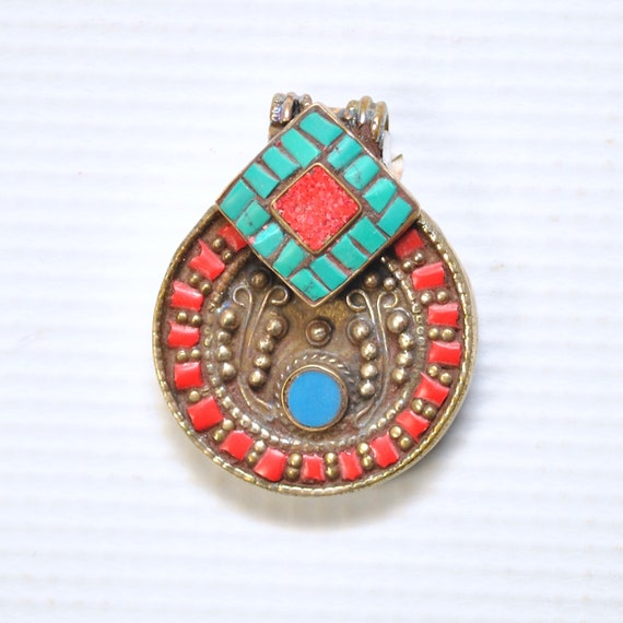 Tibetan Coral, Turquoise and Lapis Pendant #4995