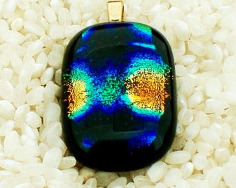 Dichroic Glass Pendant - Rainbow Pattern with Blue on Black Smooth Oval Cabochon - Gold Bail Fitting - Gift Boxed 37mm
