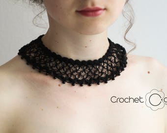 Summer Party Black Crochet Collar Necklace with black stones