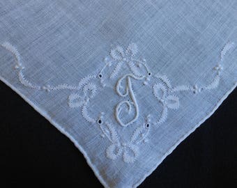 T Monogram Hanky White Linen Shadow Embroidery Bows Handkerchief, Embroidered Vintage Something Old Wedding Hankie, Gift Hanky Letter T