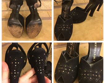 Vintage 1940's 40s Black Studded Rhinestones Platform Ankle Strap Heels Size 6.5 / 7