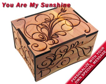 Aromatic Red Cedar Windup Music Box w/Velvet Tray, "You Are My Sunshine", Laser Engraved, Gold Movement