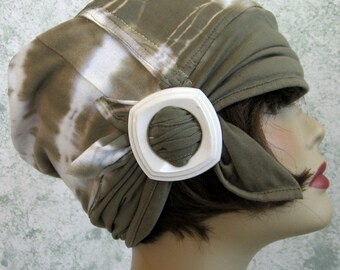 Womens Hat Khaki TyeDye Light Weight Cotton Knit Fabric With Large White Slide Trim Chemo Hair Loss Hat Head Size 21- 23
