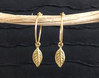 Gold Leaf Earrings - 24kt gold vermeil 15mm hoop - minimalist, everyday jewelry E324