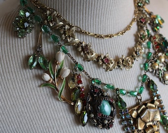 Stunning greens Victorian Assemblage necklace Collage Green Goddess vintage antique jewelry brooches rhinestones up cycled repurposed