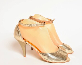 Vintage Gold Glittery Sandal Heels with Ankle Straps