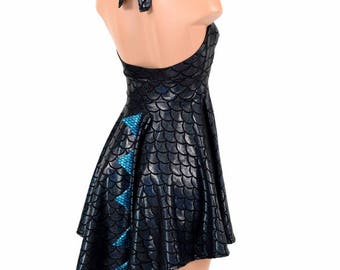 Black Dragon Scale Halter Tie Back Dragon Tail Hemline Skater Dress with Aquamarine Fish Scale Spikes - 154846