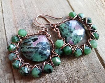 Ruby Zoisite Earrings, Wire Wrapped Gemstone Hoops, Green Gemstone Earrings, Ruby Zoisite Briolette, Hoop Earrings, Ruby Zoisite Jewelry