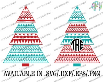 Digital Cut File, Aztec Christmas Trees, SVG, DXF, EPS, Monogram, Split, Tribal, Vinyl, Santa, Vector, Silhouette, Cricut, Holiday, Winter