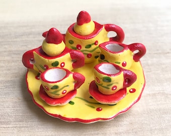 Miniature Tea Set,Miniature English Tea Set,Miniature Coffee Set,Miniature Handmade,Dolls House,Clay Tea Set,Hand Painted,Gifts,DIY