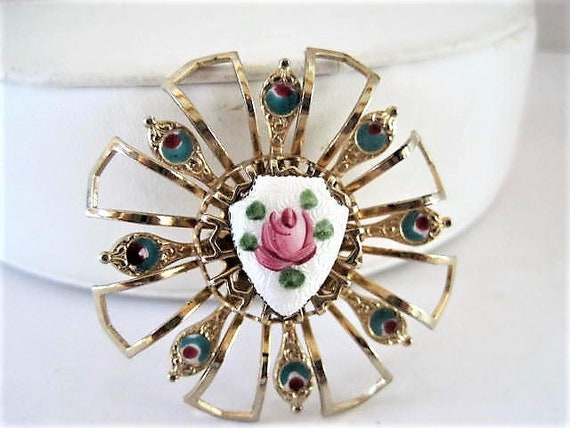 Rose Guilloche Brooch, Pink Rose on White Enamel, RoundGold Tone Pin