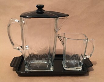 Vintage Art Deco Pressed Glass Pitcher Set With Tray