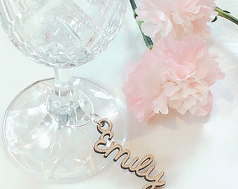 Wooden Wedding Place Name Keyring, Wooden Wine Glass Charm, Wedding Place Setting, Name Place Setting, Wedding Place Cards