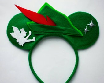Peter Pan Minnie Mouse inspired ears headband tinkerbell/green/neverland/feather/star