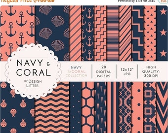 80% Until New Year - Navy blue and coral digital papers · navy blue peach nautical backgrounds with anchor, shells, beehive for scrapbooking