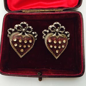Vintage Heart and Silver Bow Pierced Earrings, Red and Rhinestones
