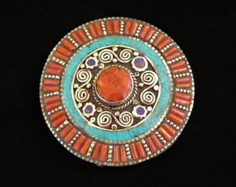 Circle Belt Buckle - Inlaid Turquoise, Coral and Amber Stones in Tibetan Silver 7957