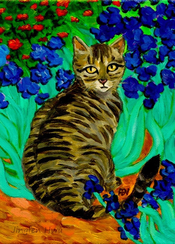  cat  painting A Cat  At Van  Gogh  s Irises Garden acrylic