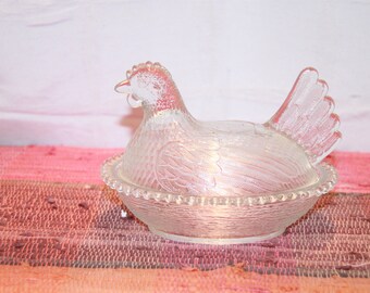 Vintage Clear Glass Hen on Nest