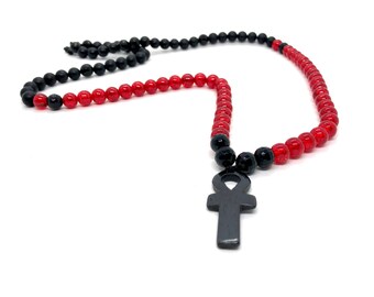 Black Onyx Ankh Beaded Necklace • Symbolic Jewelry • Red Accessories