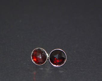Rose Cut Garnet Stud Earrings - Sterling Silver - 8mm
