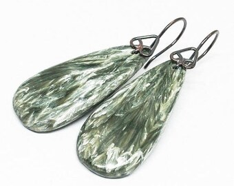 ON SALE Seraphinite Gemstones, Oxidized Sterling Silver Dangle Drop Earrings, Dark Forest Green Earrings, Free Shipping, Teardrop Earrings,
