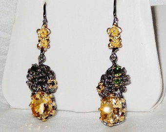 Natural 47 x 13 x 12mm Yellow Citrine gemstones, 14kt yellow Gold, Black Rhodium, Silver Pierced Earrings