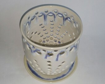 White Orchid Flower Pot with Air Vents and a Drip Saucer - Wheel Thrown Pottery - White with Purple & Blue Accents - Make Your Orchid Happy!