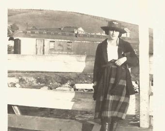 Vintage Snapshot "At The Railroad Station" Teenage Girl Plaid Skirt Found Vernacular Photo Trains Broad-Brimmed Hat