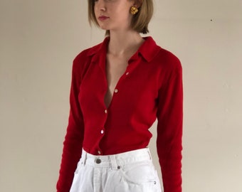 button front sweater / vintage cardigan / red knit top / vintage blouse / vintage sweater | XS S
