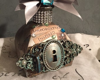 Altered bottle , mixed media bottle , shabby chic , steampunk decor , vintage style art bottle , perfume bottle