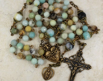 Natural Amazonite Sacred Heart Rosary with Bronze
