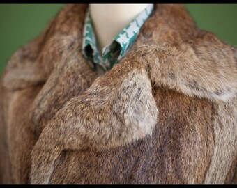 woman vintage rabbit fur long coat, fur coat jacket buttoned wide lapels, satin lining, winter clothing vintage