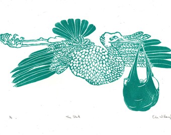 The Stork Deliverying Baby Linocut, Nursery Art, Stork with Baby Lino Block Print, Baby Shower Gift
