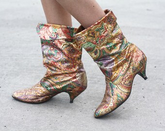 ARTPOP Vintage 1980s Rose Gold Metallic Funky Floral Artsy Slouchy Boots / Size 7.5