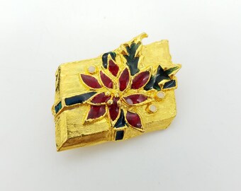 Vintage Gold Tone Christmas Package Brooch With Red & Green Enamel Poinsettia and Ribbon