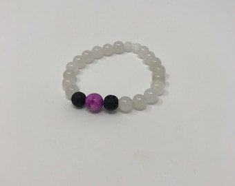 White Quartzite Stone Bracelet with Purple Center Stone and Black Lava Beads