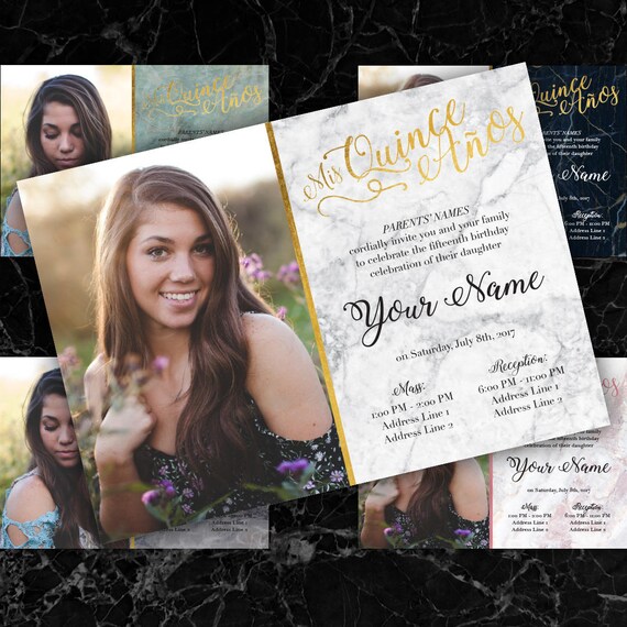 Quinceañera Invitation English or Spanish Marble Fancy