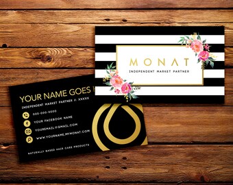 Monat Business Cards Buyer Cards || Custom Monat Hair Care Black Striped Watercolor Florals