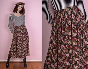 90s Floral Print Flowy Skirt/ Small/ 1990s