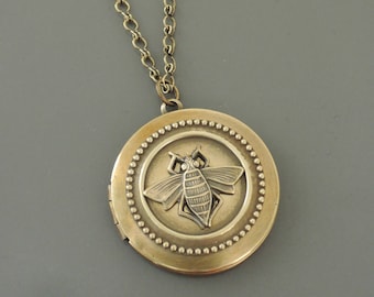 Vintage Necklace - Locket Necklace - Bee Necklace - Brass Necklace - Bee Jewelry - Photo Locket - Save the Bees - Handmade Necklace