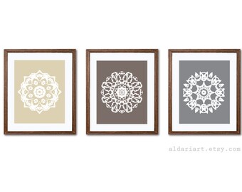 Mandala Art Print Set - Circle Medallion Wall Art - Home Decor - Neutral Colors - Tan Taupe Brown Gray - Rustic Medallion Art - Aldari Art