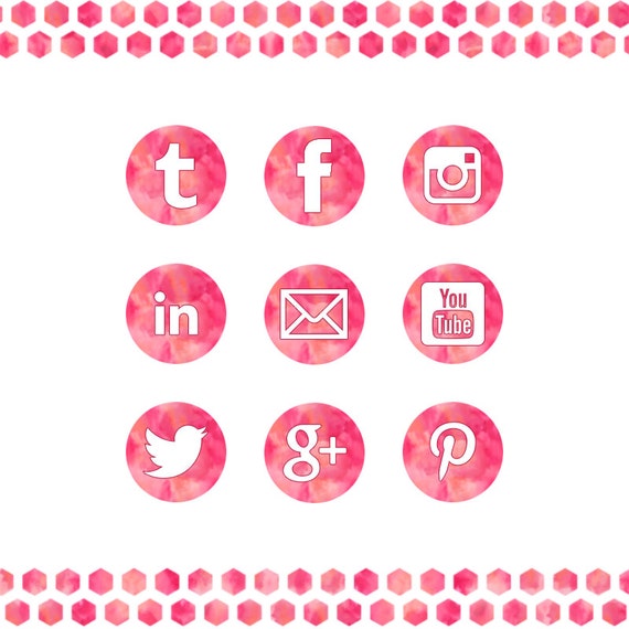 Watercolor Pink Social Media Icons Set 3 Sizes Feminine