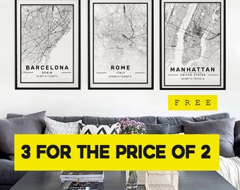 City Map Prints, 3 for the price of 2, Modern Contemporary poster in size 50x70 fit for Ikea frame All city available
