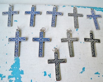 Lot of Crosses with designs - Blue and Black color - Lot of 10 religious items - Cross pendants - cheesegrits #56