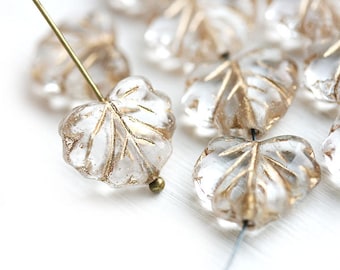 10pc Crystal Clear Leaf Beads with Golden inlays, Czech glass Maple leaves - 11x13mm - 0629