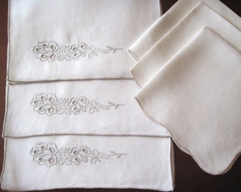 3 Vintage Linen Madeira Placemats w/3 Coordinated Linen Napkins